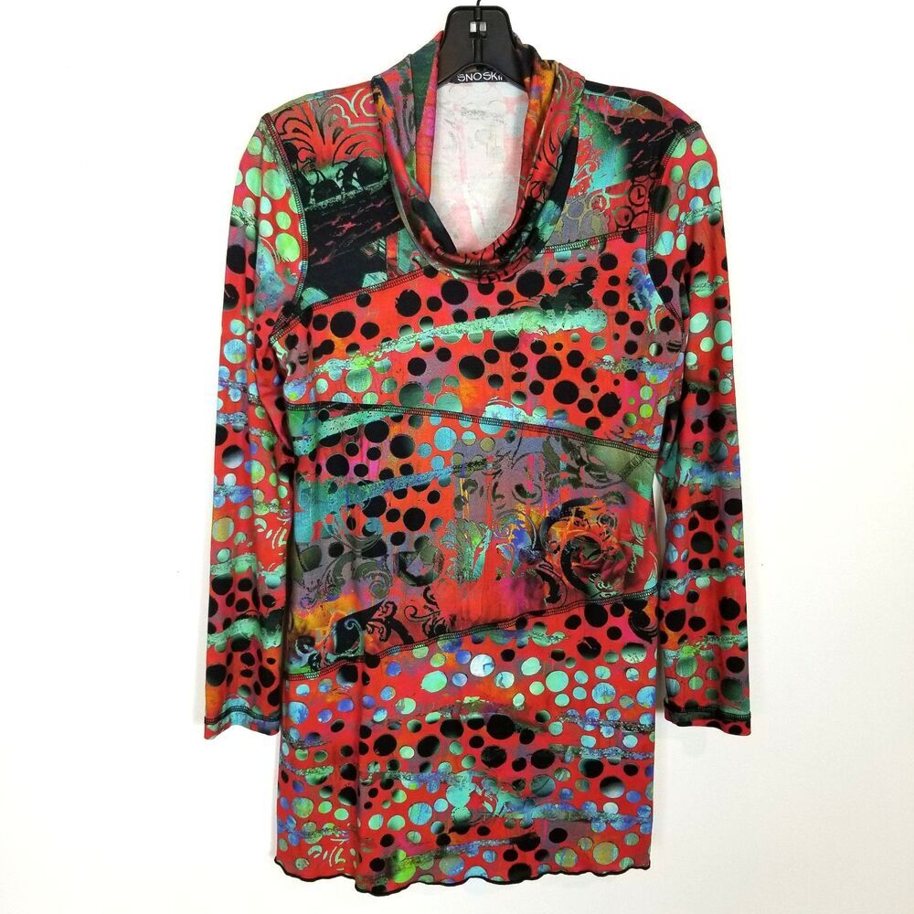 SNO SKINS Women Multicolor Artsy Tops Sz S Cowl Neck Pullover Long Sleeve